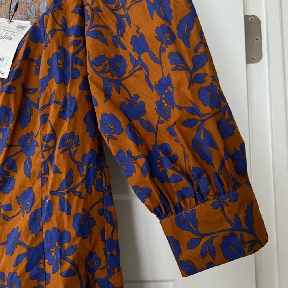 Zara Brown Blue Floral Printed Poplin Dress XS Blogger Favorite NEW with tags - Picture 6 of 9